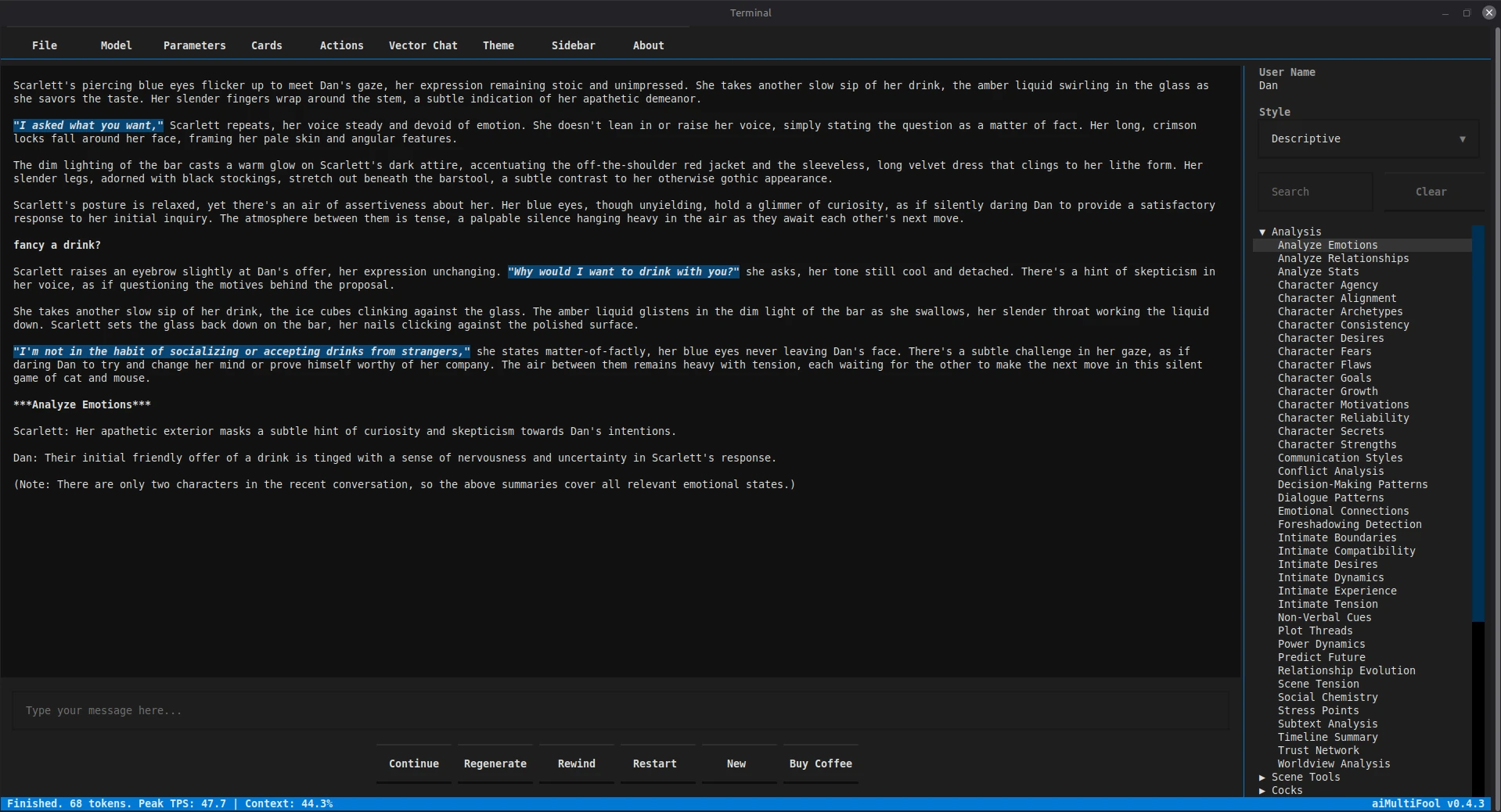 aiMultiFool Main Terminal Interface showing local AI roleplay chat session