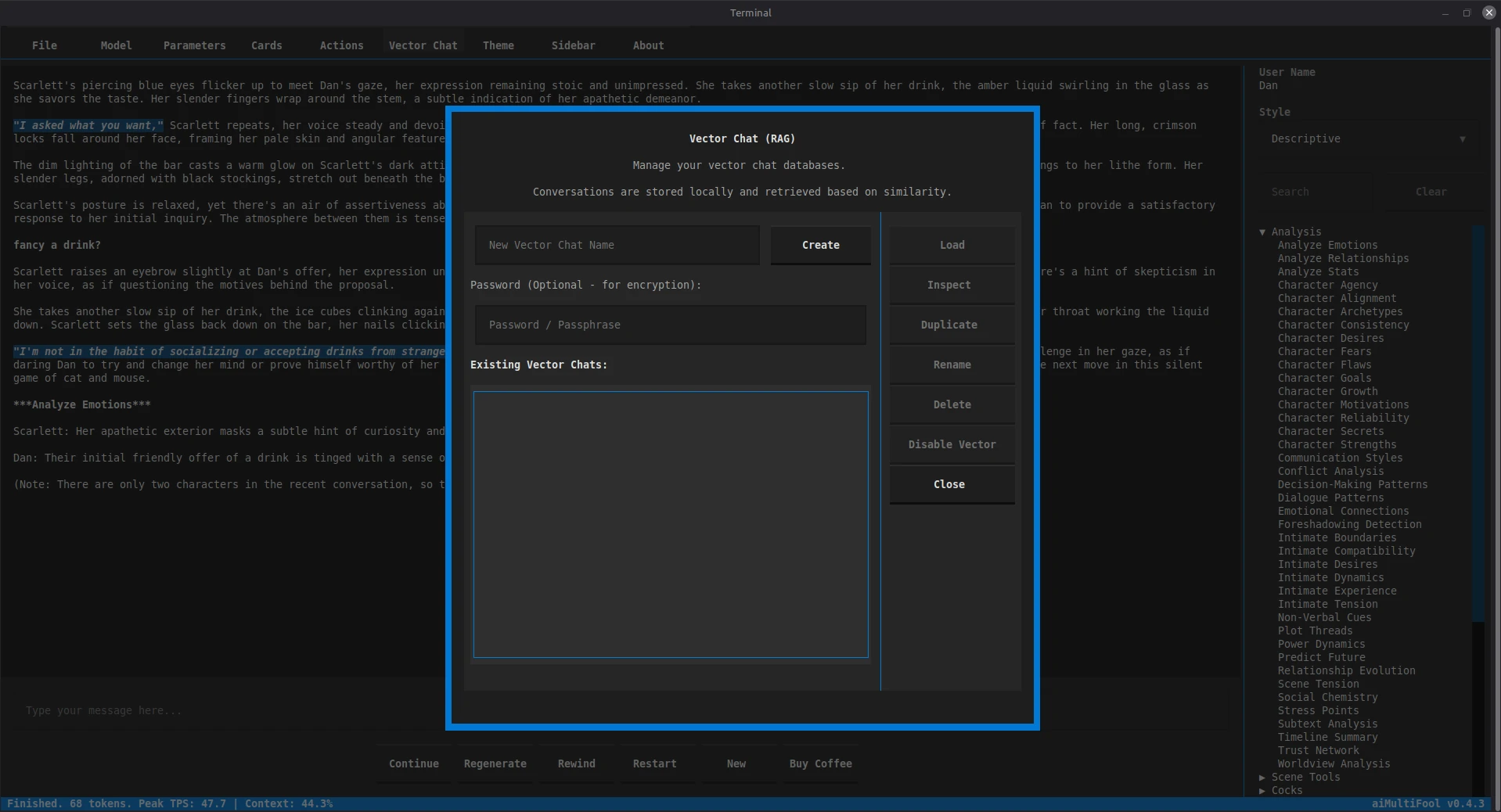 Vector Chat (RAG) interface for managing character long-term memory